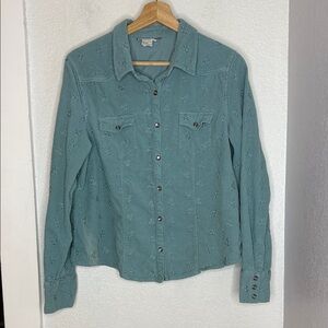 Isabella Bird Embroidered Corduroy Pearl Snap Shirt L Teal Western Cottagecore